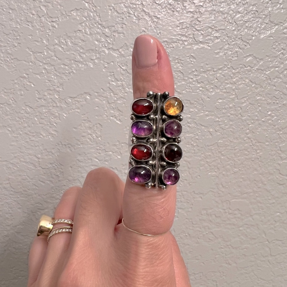 Native Silver Ring with Amethyst and Amber